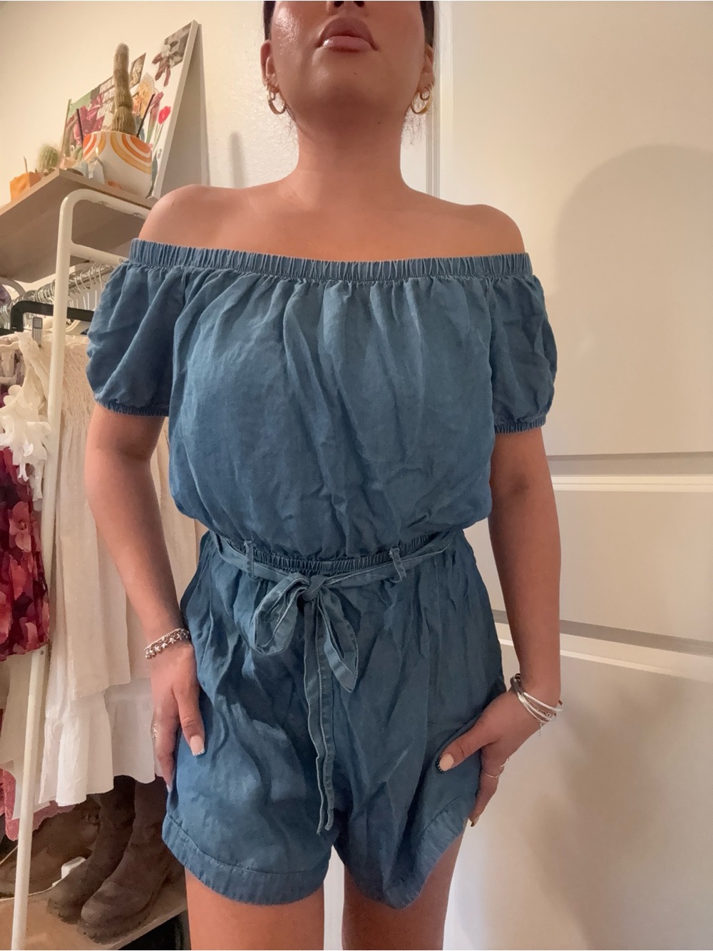 Off-Shoulder Blue Denim Romper with Tie Waist